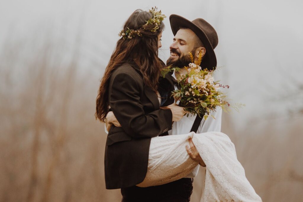 Mountain Wedding Attire for the Bride and Groom